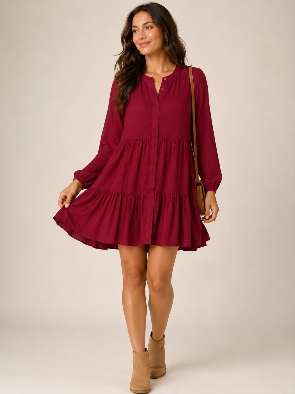 Aritzia Wilfred Womens Barossa Dress Tiered Mini Red Carmine Long Sleeve XS